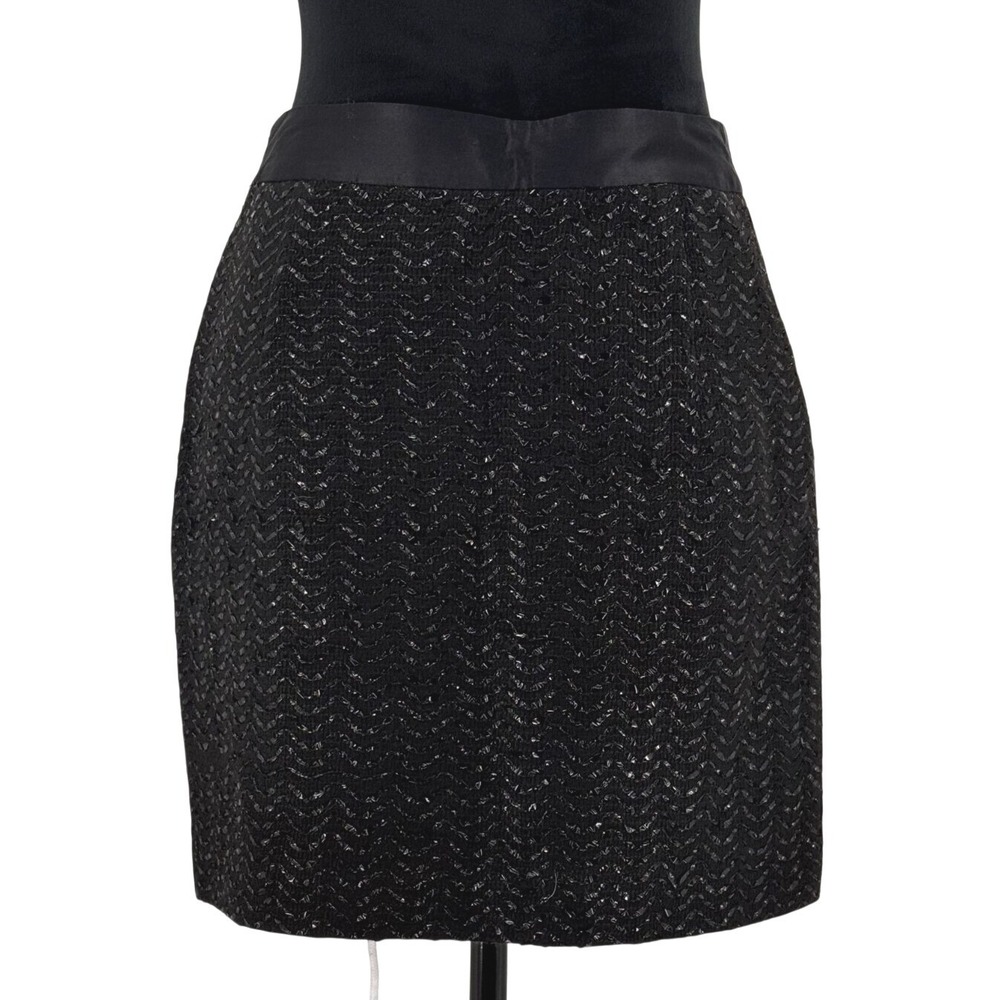 Vtg Milly NY‎ Womens 60s Mini Skirt M Black Chevron Shiny Satin Textured A Line